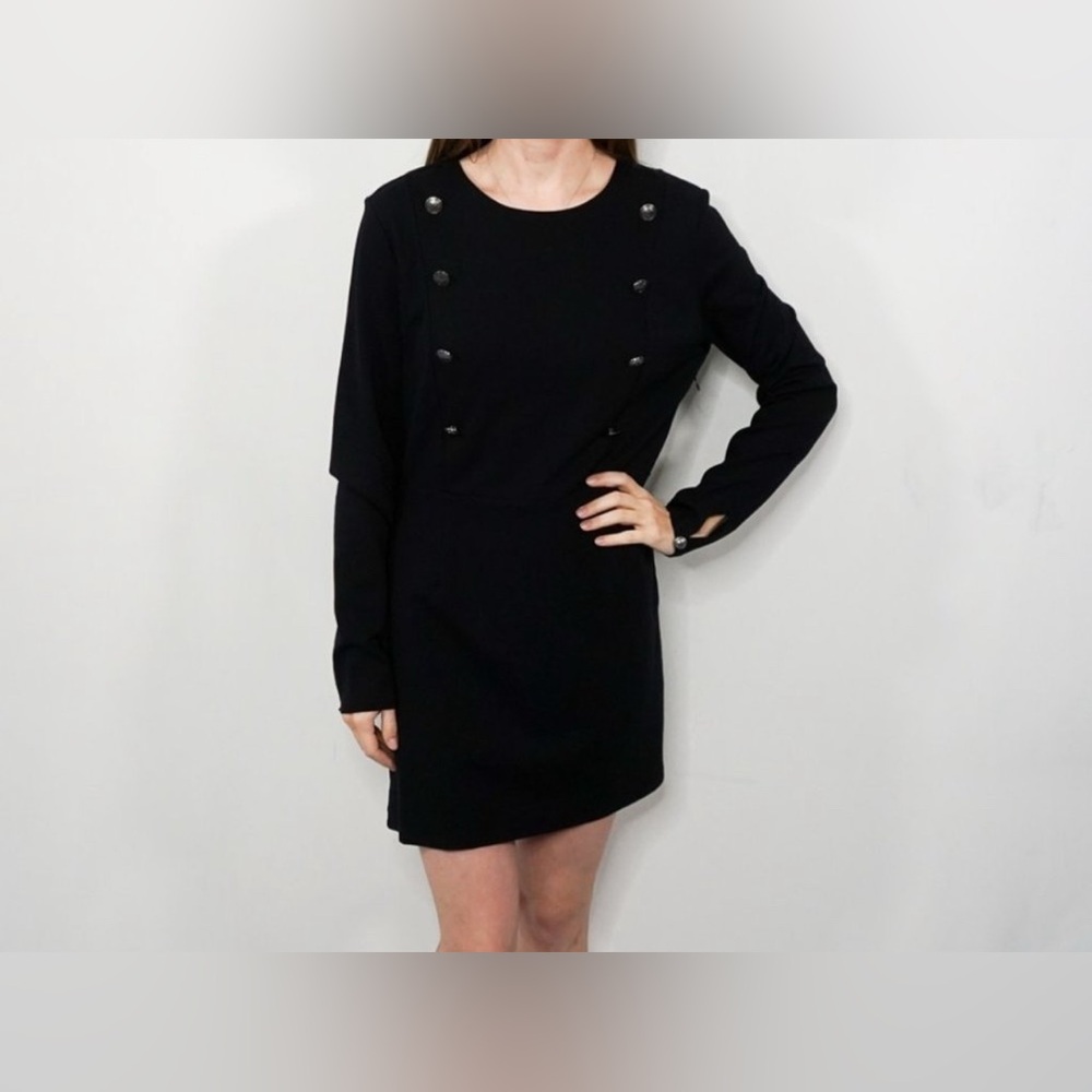 Avec Les Filles Black Long-Sleeve Button-Accent Mini Dress